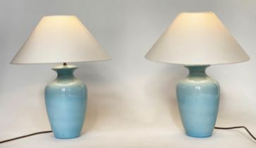 TABLE LAMPS, a pair, pale blue ceramic vase form with shades, 54cm H. (2)