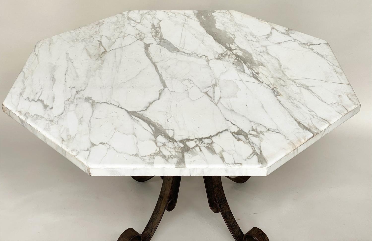 MARBLE CENTRE TABLE, octagonal Italian Arabescato marble top, raised upon wrought iron scrollwork - Image 3 of 6