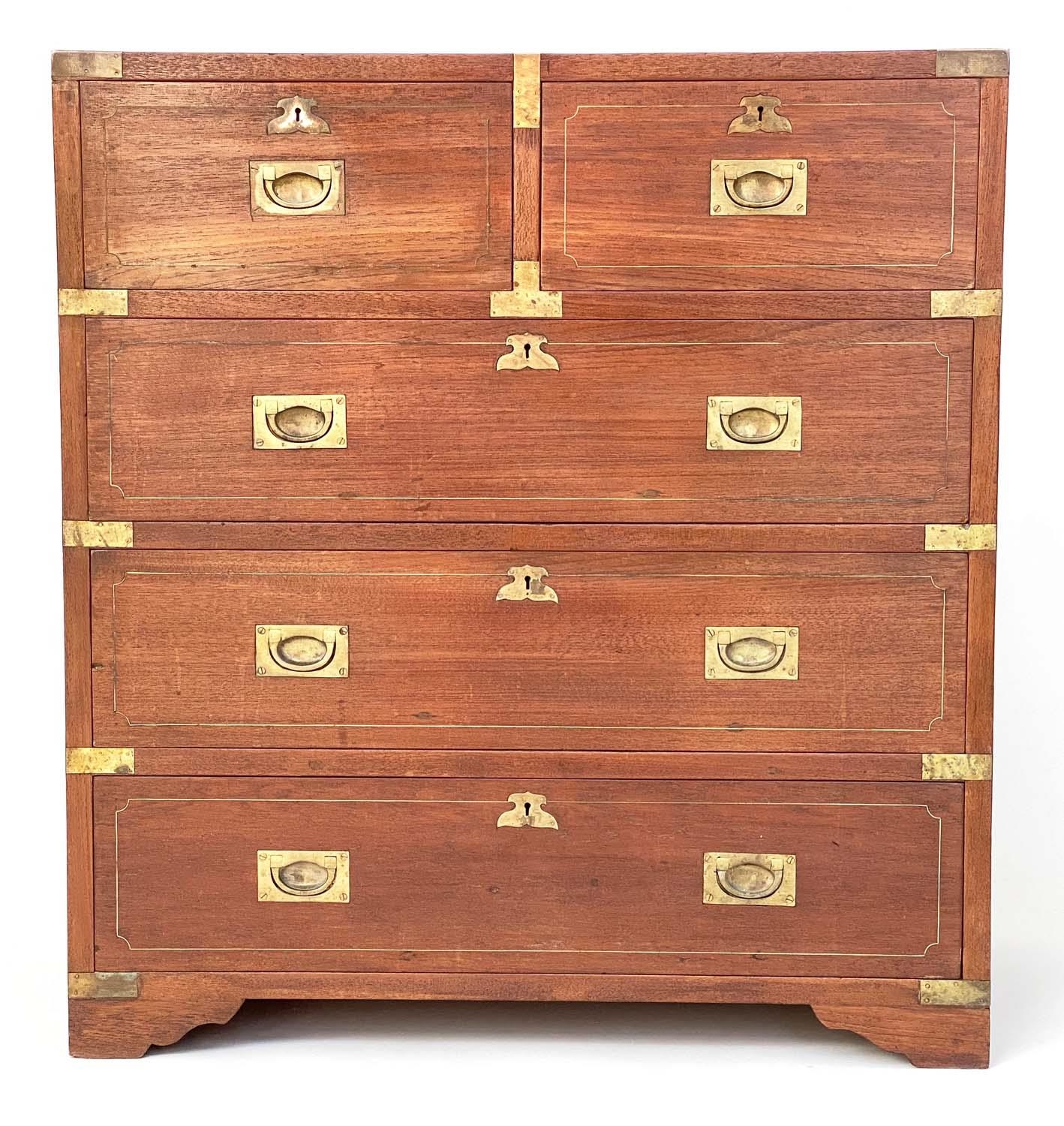 CAMPAIGN STYLE CHEST, mid 20th century Indian, teak and brass bound with two short and three long