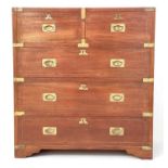 CAMPAIGN STYLE CHEST, mid 20th century Indian, teak and brass bound with two short and three long