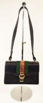 GUCCI SYLVIE SHOULDER BAG, flap closure, blue leather with iconic green and red web detailing,