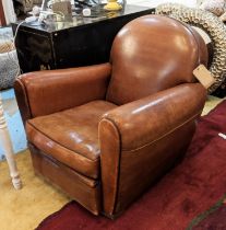 CLUB ARMCHAIR, 80cm W x 77cm H, Art Deco design brown leather.