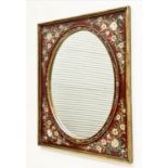 WALL MIRROR, giltwood rectangular with oval inset mirror and hand painted floral borders. 100cm x