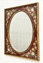 WALL MIRROR, giltwood rectangular with oval inset mirror and hand painted floral borders. 100cm x