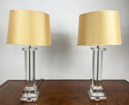 TABLE LAMPS, a pair, clear glass columns with gold shades. (2)