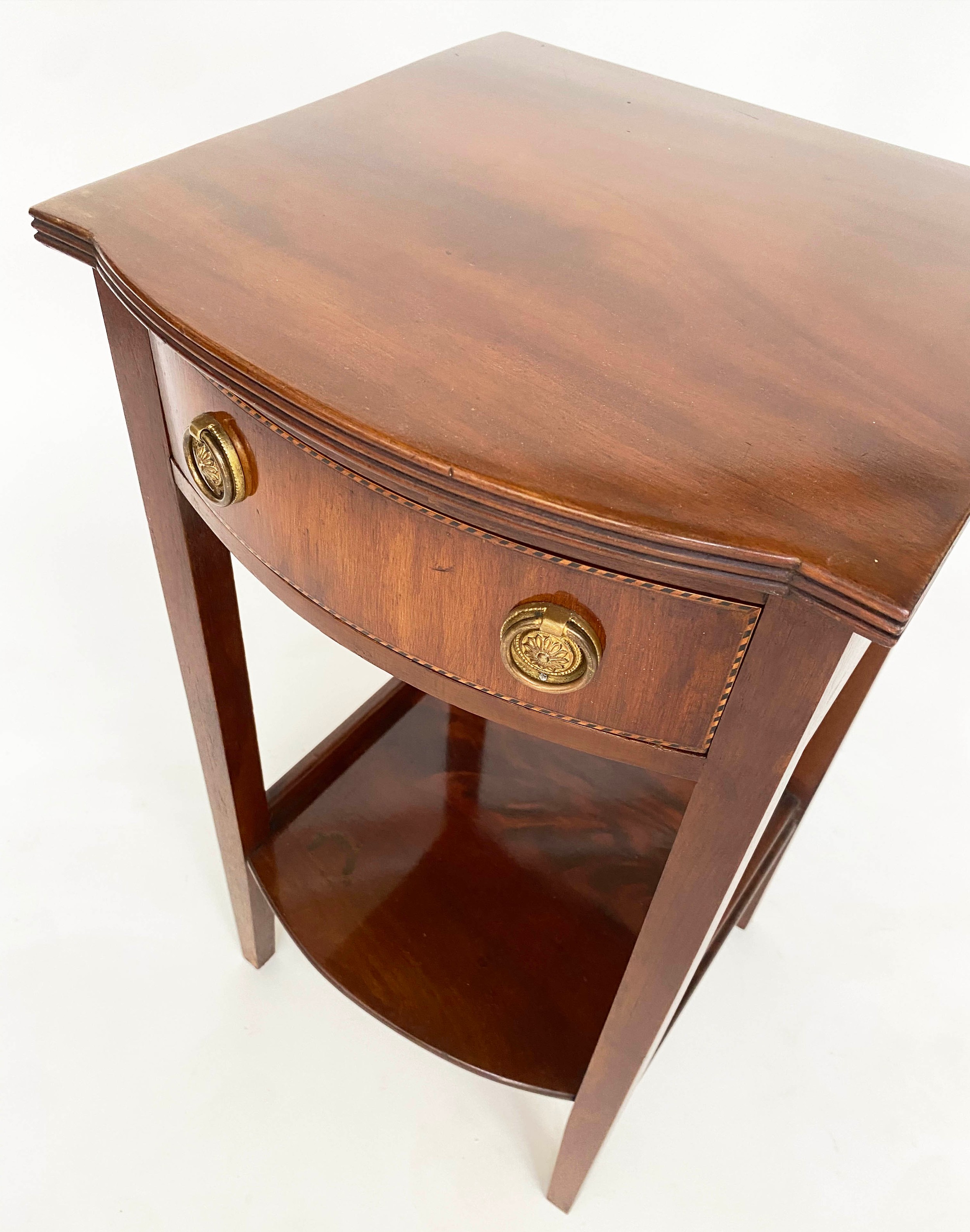 BEDSIDE/LAMP TABLES, a pair, George III design flame mahogany and crossbanded each with drawer and - Image 3 of 9