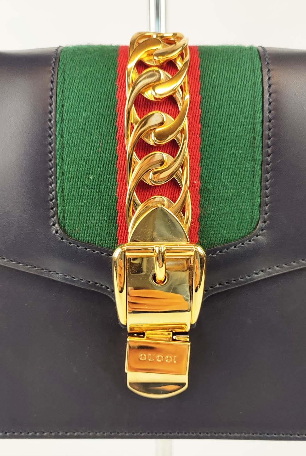 GUCCI SYLVIE SHOULDER BAG, flap closure, blue leather with iconic green and red web detailing, - Image 2 of 9