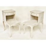 BEDSIDE/LAMP TABLES, a pair, French Louis XV style grey painted each with drawer, stepped platform