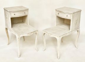 BEDSIDE/LAMP TABLES, a pair, French Louis XV style grey painted each with drawer, stepped platform