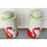 GINGER JARS, a pair, 40cm H x 20cm diameter, glazed ceramic with flamingo print design. (2)