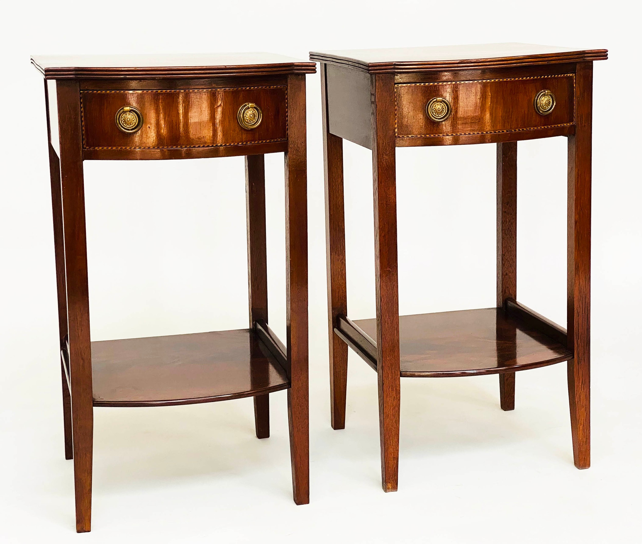 BEDSIDE/LAMP TABLES, a pair, George III design flame mahogany and crossbanded each with drawer and - Image 2 of 9