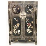 CHINESE SIDE CABINET, early 20th century lacquered and gilt Chinoiserie decorated with soapstone