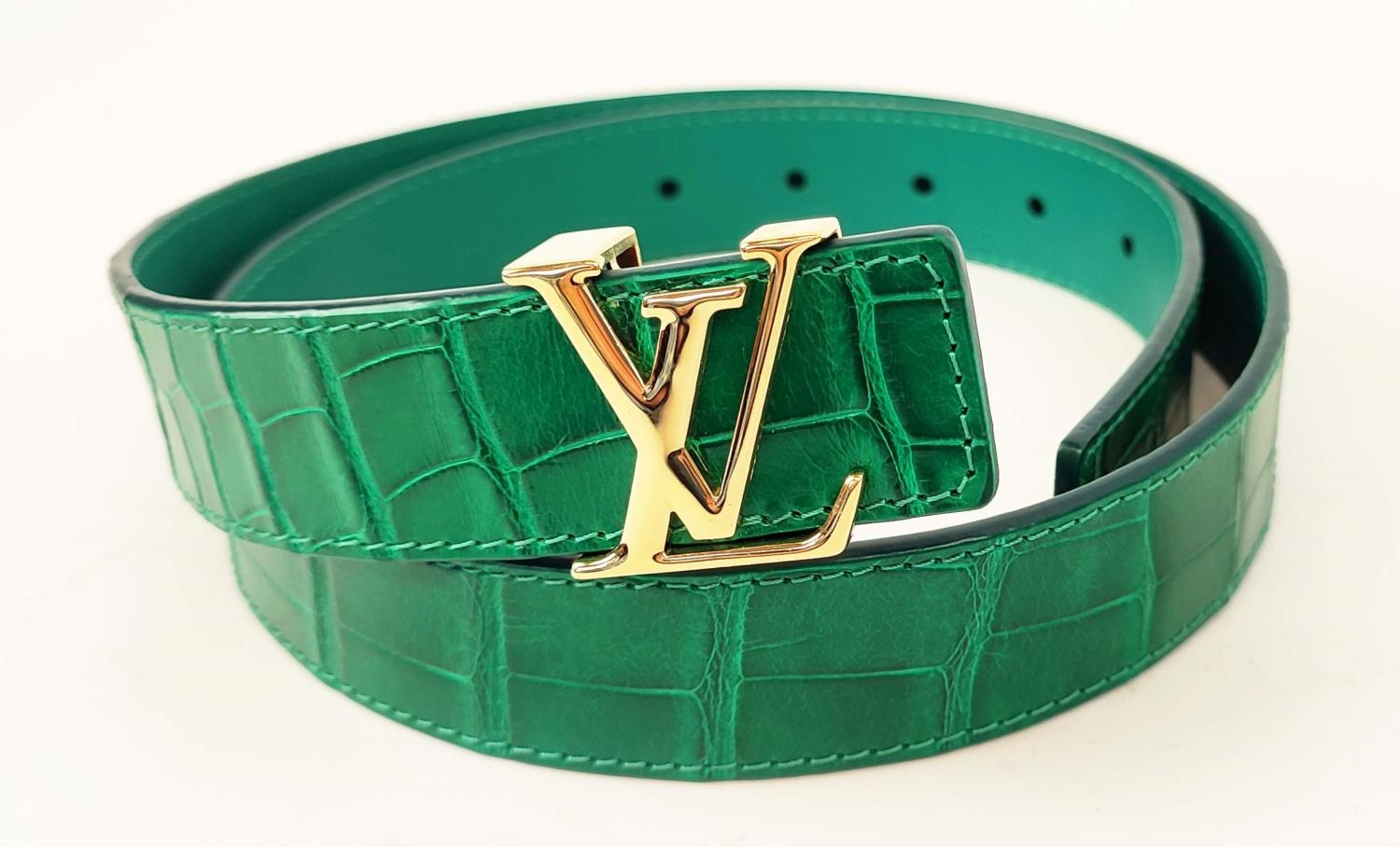 LOUIS VUITTON CROCODILE BELT, green exotic leather with gold tone initials at the front, size 80/32,