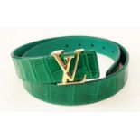 LOUIS VUITTON CROCODILE BELT, green exotic leather with gold tone initials at the front, size 80/32,