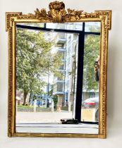 OVERMANTEL MIRROR, 19th century French giltwood and gesso with scroll and foliate crest and beaded