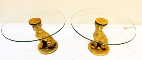 LEOPARD FIGURAL TAZZAS, a pair, 21cm high, 30cm diameter, sculptural seated leopard supports, gilt