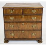 CHEST, 88cm H x 91cm W x 51cm D, Queen Anne walnut and oak of five drawers on later bun feet.