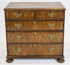 CHEST, 88cm H x 91cm W x 51cm D, Queen Anne walnut and oak of five drawers on later bun feet.