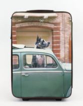 ANYA HINDMARCH TRAVEL TROLLEY ON WHEELS, with photo of a dog in a car at the front, with one top and