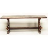 DINING TABLE, antique English oak three plank cleated rectangular with shaped trestles and