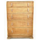 ART DECO CHEST, oak with five long drawers and chrome handes, 76cm W x 46cm D x 112cm H.