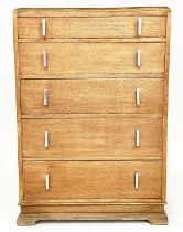 ART DECO CHEST, oak with five long drawers and chrome handes, 76cm W x 46cm D x 112cm H.