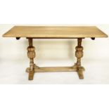 REFECTORY TABLE, Jacobean style aged oak rectangular on carved cup and cover pedestals, 150cm x 76cm