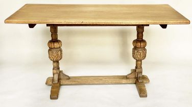 REFECTORY TABLE, Jacobean style aged oak rectangular on carved cup and cover pedestals, 150cm x 76cm