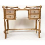 BAMBOO SIDE TABLE, 1970's bamboo framed, wicker panelled and cane bound with four drawers, 110cm x