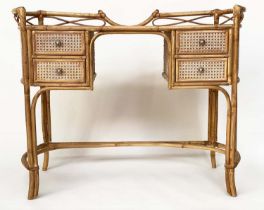 BAMBOO SIDE TABLE, 1970's bamboo framed, wicker panelled and cane bound with four drawers, 110cm x