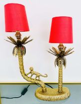 TABLE LAMP, two branch, 50cm H x 32cm W x 15cm D in the form of a monkey climbing palm trees, with