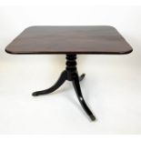 TILT TOP TABLE, Regency mahogany on turned column with three splayed legs on brass castors, 93cm L x