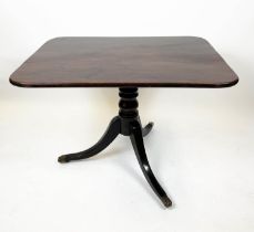 TILT TOP TABLE, Regency mahogany on turned column with three splayed legs on brass castors, 93cm L x