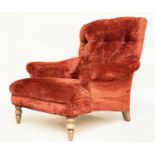 HOWARD STYLE ARMCHAIR, deep button back with chenille velvet upholstery scroll arms, and turned