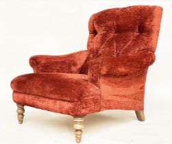 HOWARD STYLE ARMCHAIR, deep button back with chenille velvet upholstery scroll arms, and turned