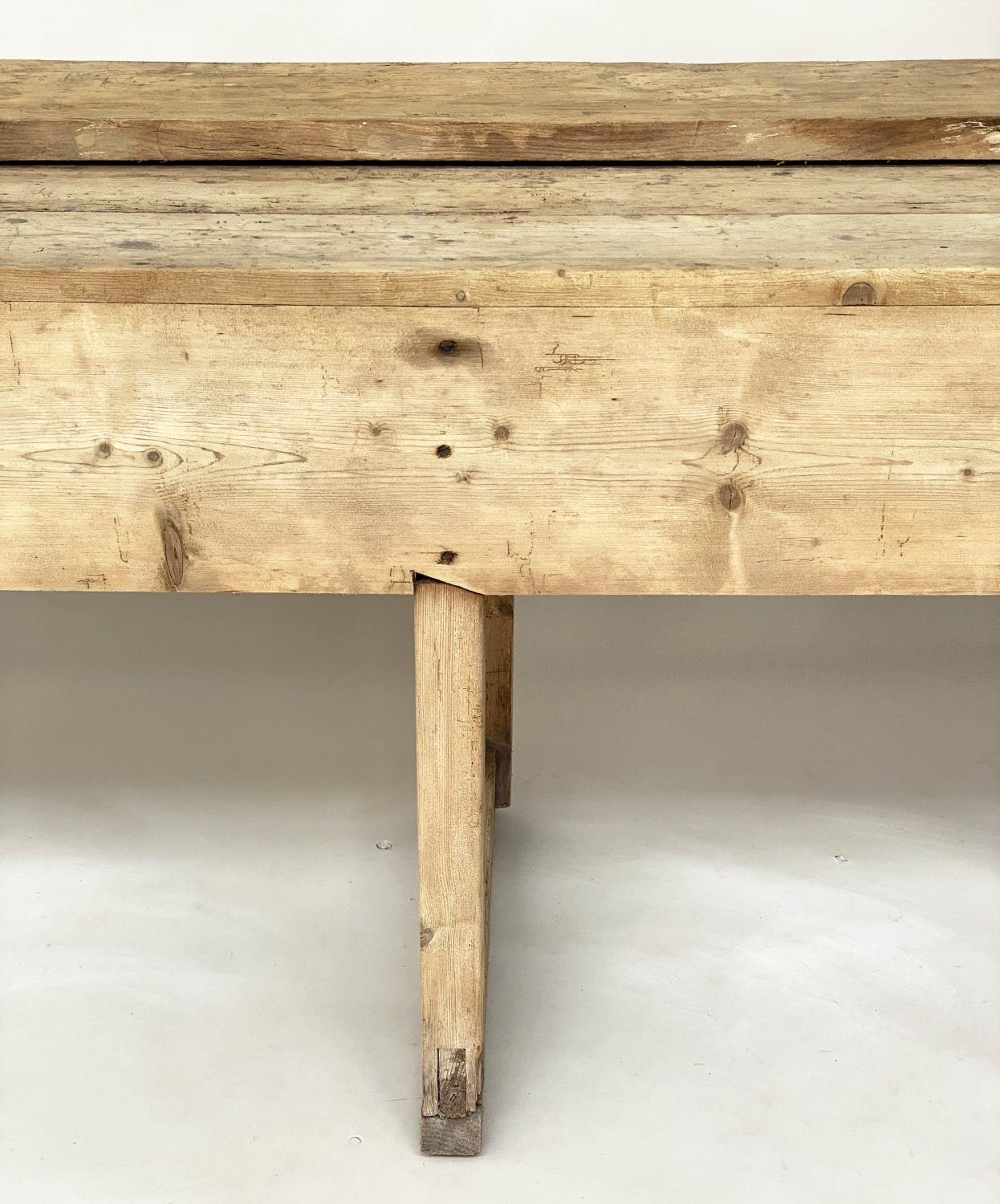 WORK BENCH, vintage/early 20th century broad planked pine, 211cm x 62cm x 80cm H. - Image 5 of 8
