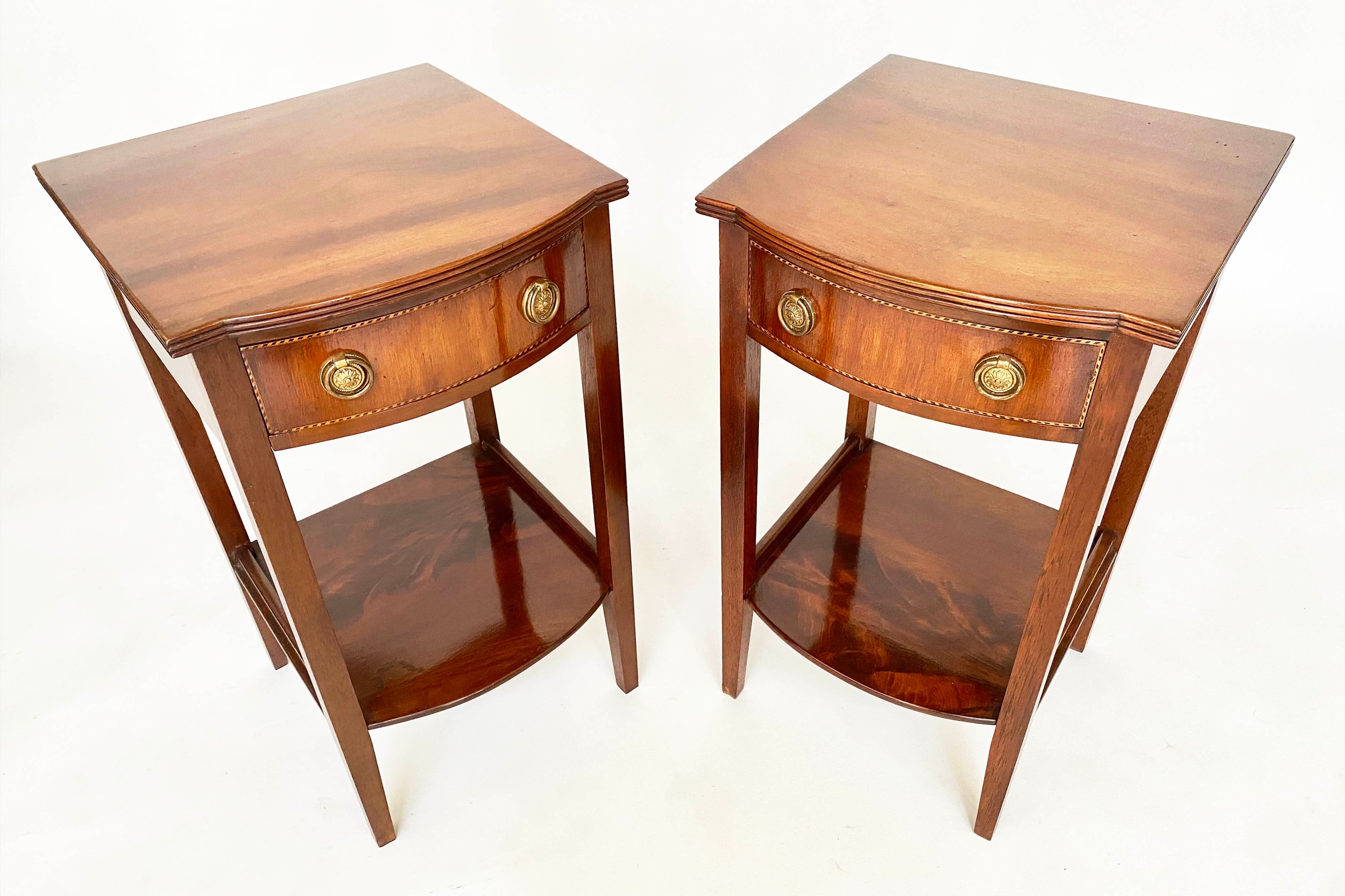 BEDSIDE/LAMP TABLES, a pair, George III design flame mahogany and crossbanded each with drawer and - Image 6 of 9