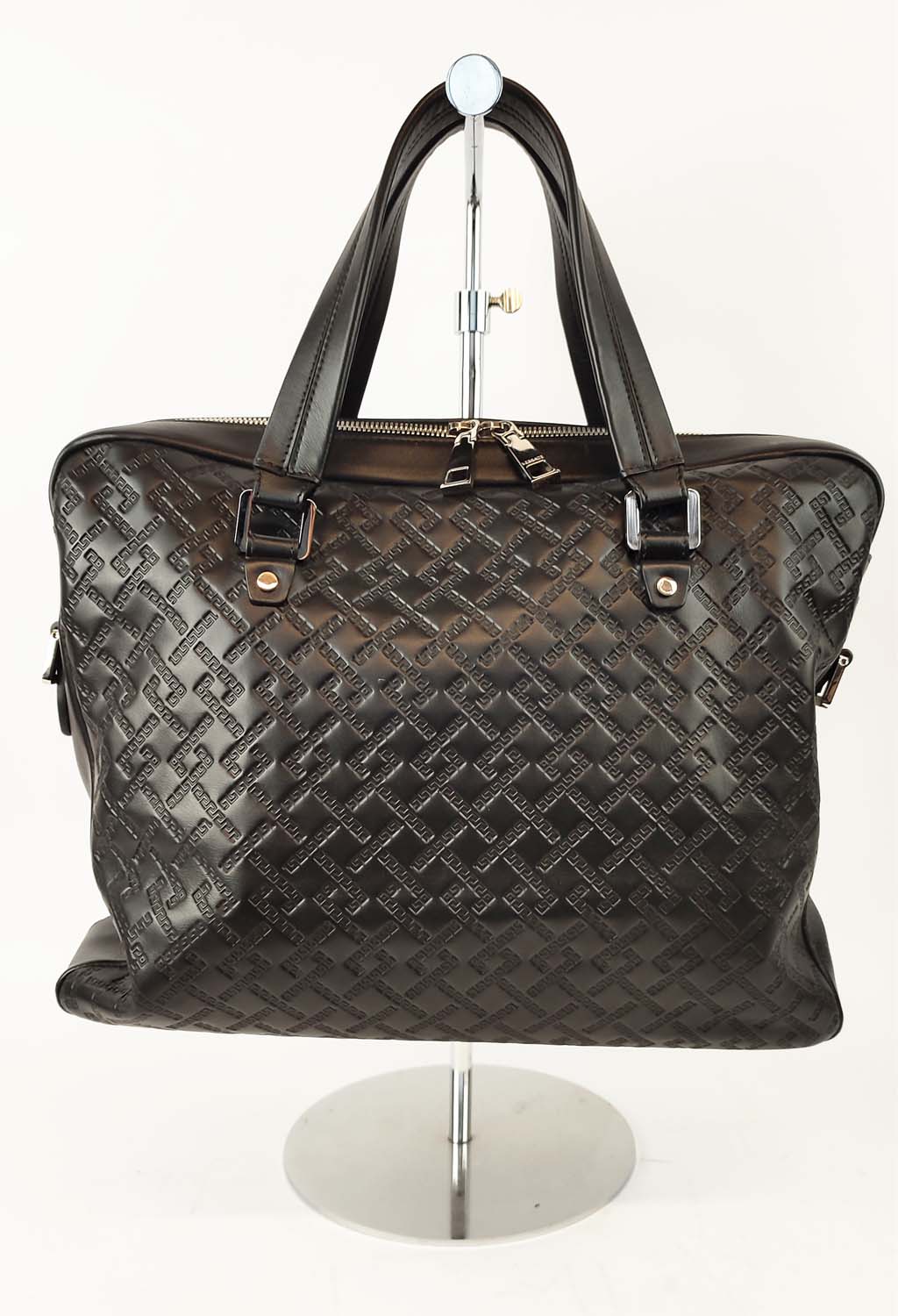 GIANNI VERSACE UNISEX BAG, leather with iconic embossed Greek decoration, silver tone hardware,