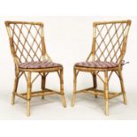 CONSERVATORY/SIDE CHAIRS, a pair, bamboo, wicker and cane bound, with cushions, 46cm W. (2)