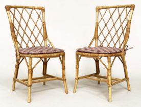 CONSERVATORY/SIDE CHAIRS, a pair, bamboo, wicker and cane bound, with cushions, 46cm W. (2)