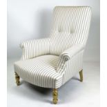 ARMCHAIR, 101cm H x 84cm W, giltwood with ticking upholstery.