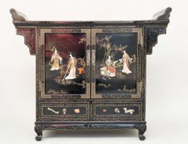 CHINESE SIDE CABINET, early 20th century lacquered, gilt Chinoiserie decorated and stone mounted