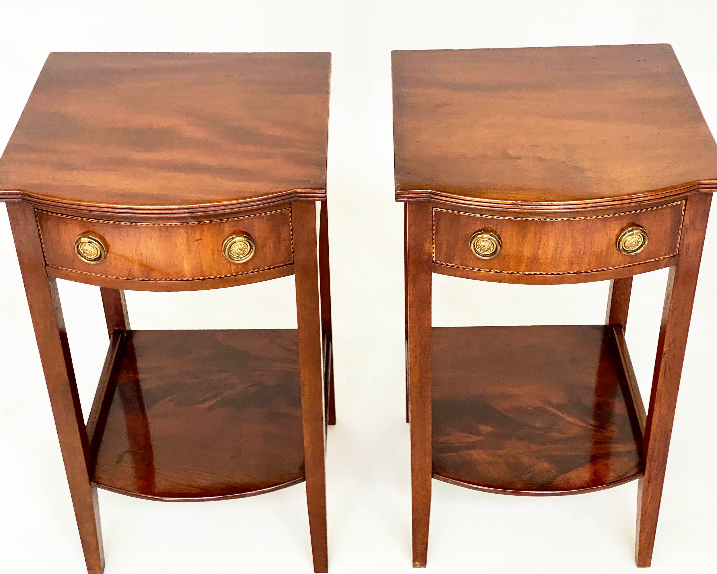 BEDSIDE/LAMP TABLES, a pair, George III design flame mahogany and crossbanded each with drawer and - Image 8 of 9