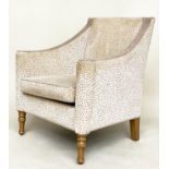 ARMCHAIRS, a pair, pale grey velvet and cut velvet with scroll arms and tapering supports, 75cm