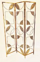 ART DECO STYLE FLOOR SCREEN, 173cm high, 40cm wide (each panel), three panel form, gilt metal