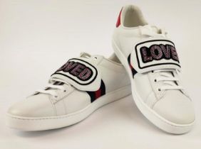 GUCCI TRAINERS, with 'Loved' imprinted on removable strap, with box, size 39 1/2.