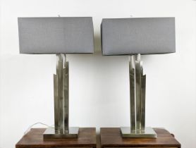 TABLE LAMPS, a pair, contemporary, polished metal with shades, 74cm H. (2)