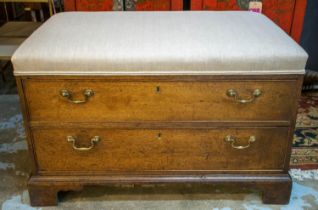 BENCH, 59cm H x 93cm W x 56cm D, Georgian oak with later fawn padded seat above two drawers.