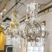 CHANDELIERS, approx 93cm H x 70cm W, a near pair, glass with twelve lights. (2)