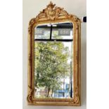 OVERMANTEL MIRROR, French style gilded with arched bevelled mirror plate and foliate crest and